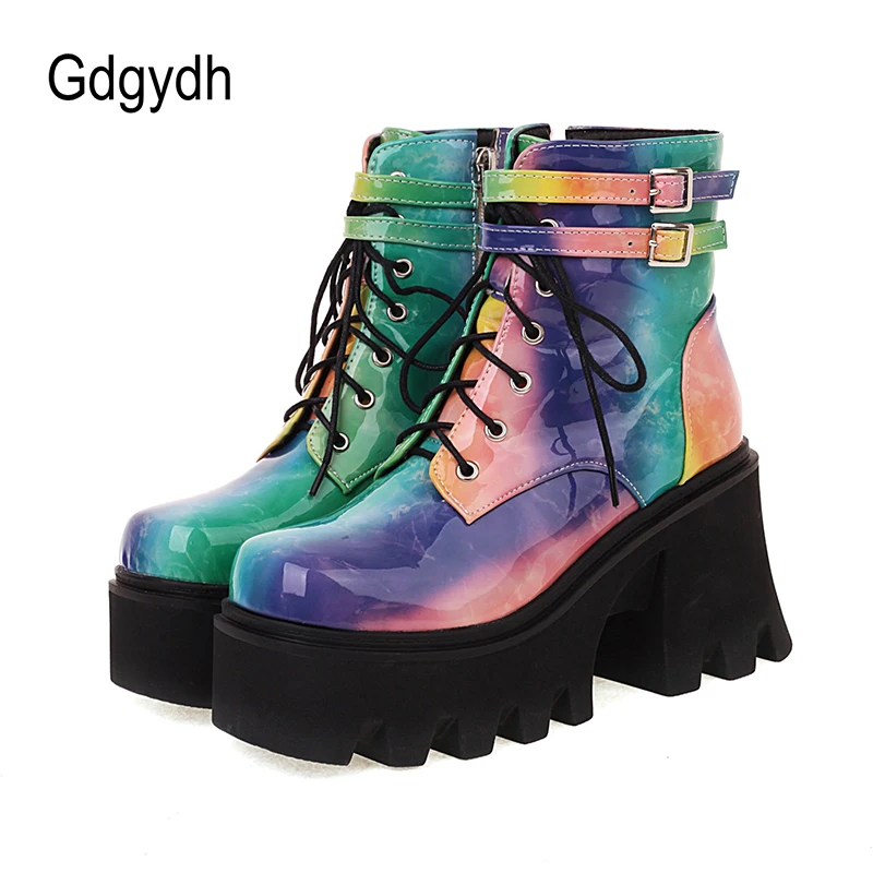 Gdgydh Fashion Colorful Ladies Motorcycle Women Ankle Boots Platform Chunky Heels Cool Street Footwear Gothibabe Halloween 90s