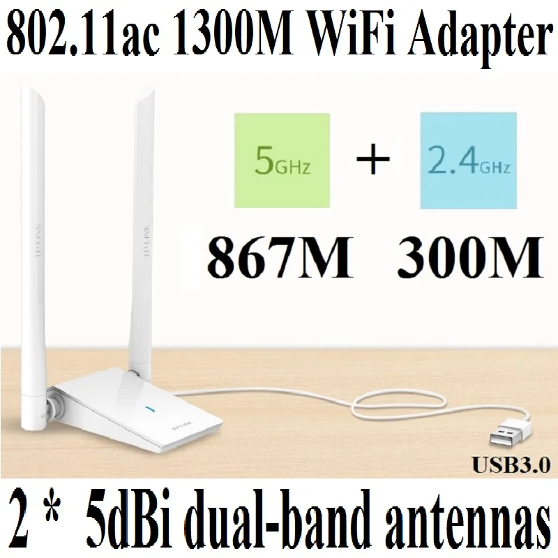 5dBi Ext/ Antennas, Plug&Play, AC1300 Wireless Network Card 11AC 1267Mbps Dual Band USB3.0 WiFi Adapter, 2.4G 300Mbps 5G 867Mbps