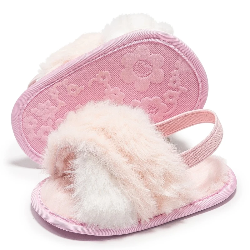 Jlong Faux Fur Slides Sandals Newborn Non-Slip Shoes Baby Girls Leopard Plush Sandals Indoor Outdoor Infant Slippers 0-18M