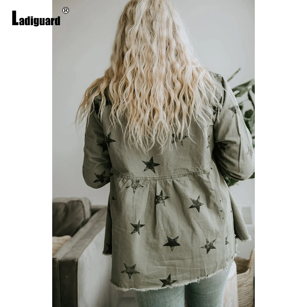 Ladiguard 2021 Single Breasted Tops Demin Jackets Women Vintage Jean Coats Casual Street Outwear Fashion Star Print Denim Jacket