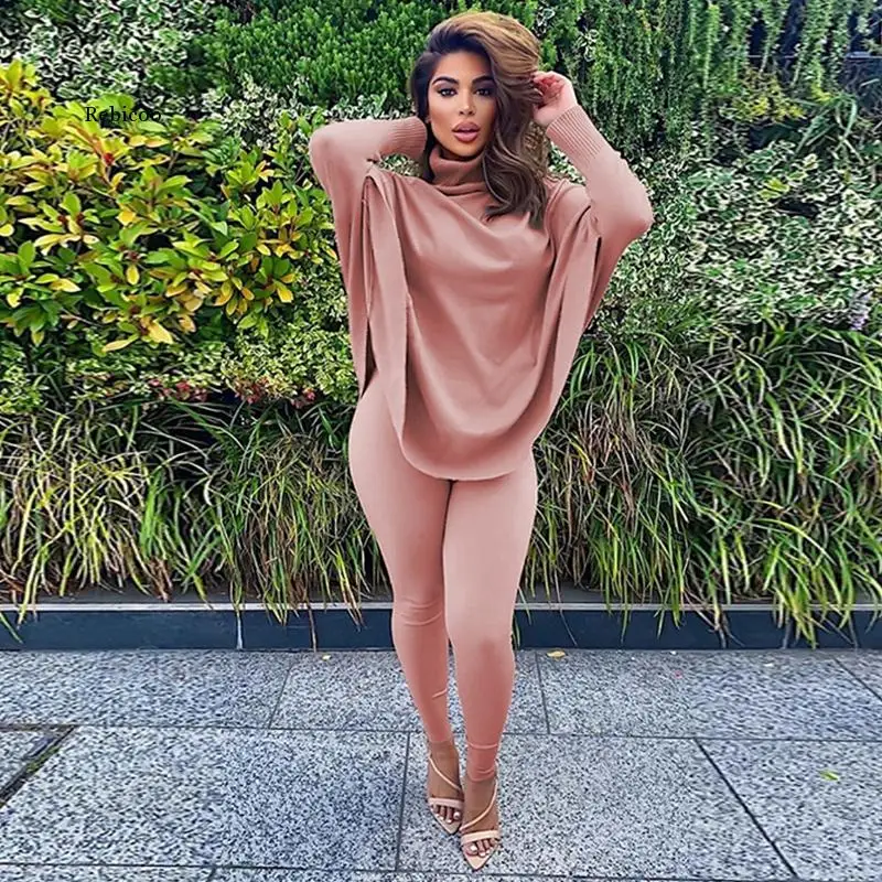 

Casual Fall Winter Two Piece Set Turtleneck Batwing Sleeve Long Top+Fitness Pants Women Fashion Clothing Matching Sets