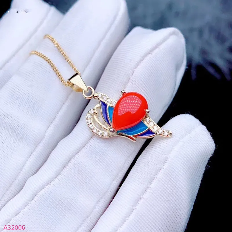 KJJEAXCMY 925 Sterling Silver Natural Red Coral Girl Pendant + Necklace New Bright Water Drop Support Detection Enamel Color