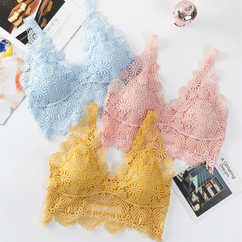 Deep V Lace Bra Tops Wire Free Brassieres Women Underwear Sexy Lingerie Beauty Back Bralette Bras for Women Removable Pads Top