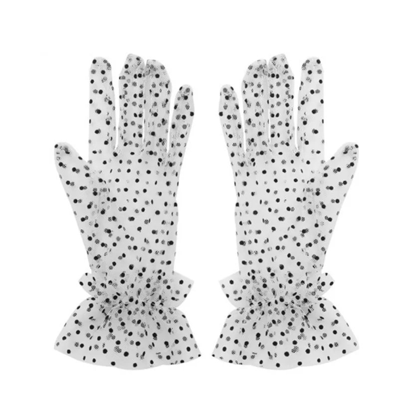 Women Summer Sunscreen Anti-UV Lace Driving Mittens Female Thin Transparent Mesh Flocking Polka Dot Wedding Dress Gloves L84