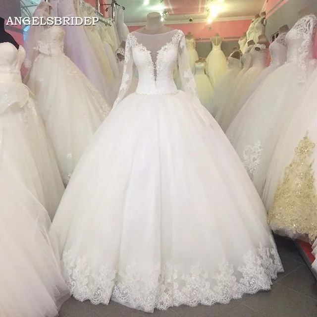 Angelsbridep แขนยาวชุดบอลชุดแต่งงาน Scoop คอ Appliques ยาว Vestido De Noiva ซาอุดีอาระเบียชุดเจ้าสาว