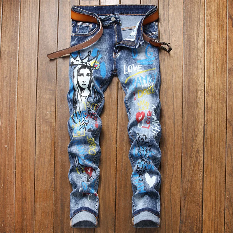 Mens colorful paint letters prints slimming blue jeans street fashion scratched denim pants Light luxury casual jeans pants.