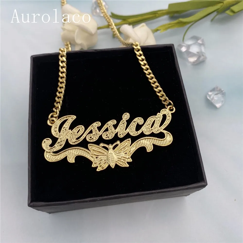 AurolaCo Custom Name Necklace Custom Gold and Silver Color Stainless Steel Thin Chain Nameplate Necklace for Women Gifts