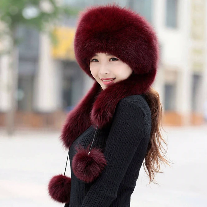 Sombrero de imitación de piel para mujer, gorro de nieve de imitación de piel de zorro, bufanda de un cuerpo, calor, versátil, negro, Otoño e Invierno