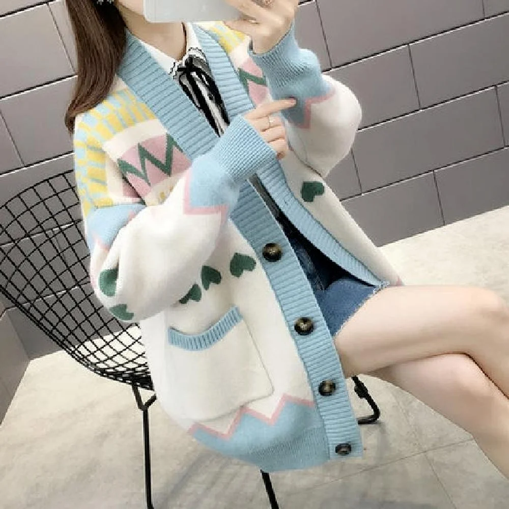 Large Size 125KG Autumn Ladies Cardigan,Orange Striped Pocket Sweater,Blue V-neck Button Loose Coat 5XL Korean Aesthetic Sweater