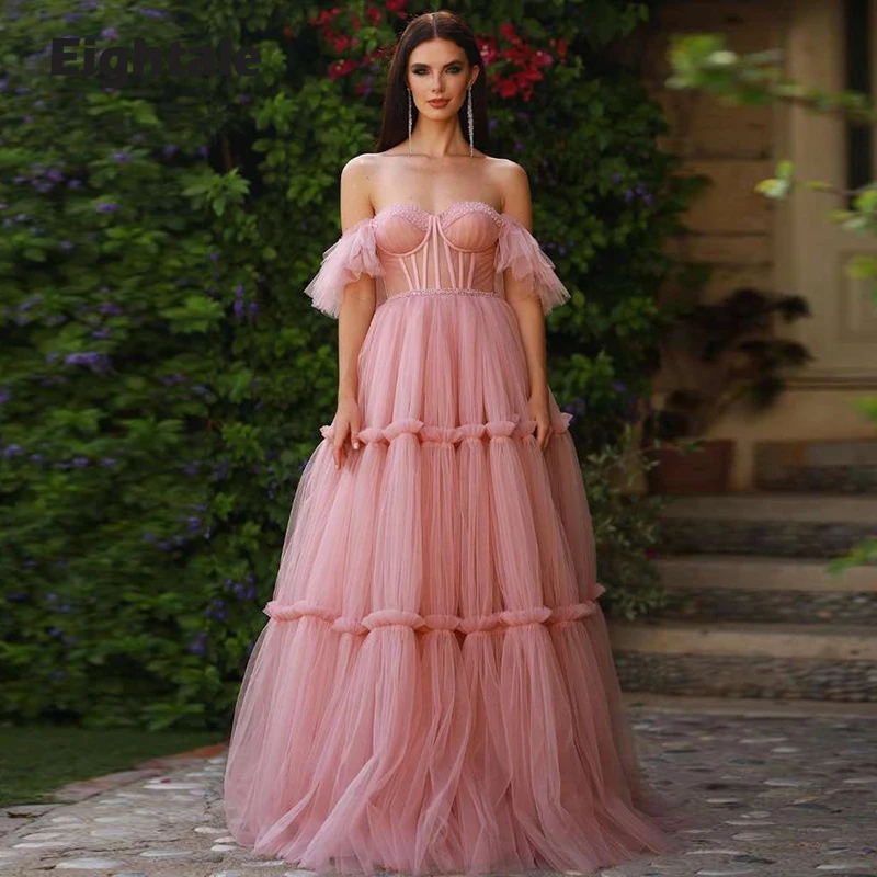 

Eightale Pink Prom Dress 2021 Off the Shoulder Ruffled Beaded A-Line Evening Gown Party Graduation Vestido de festa