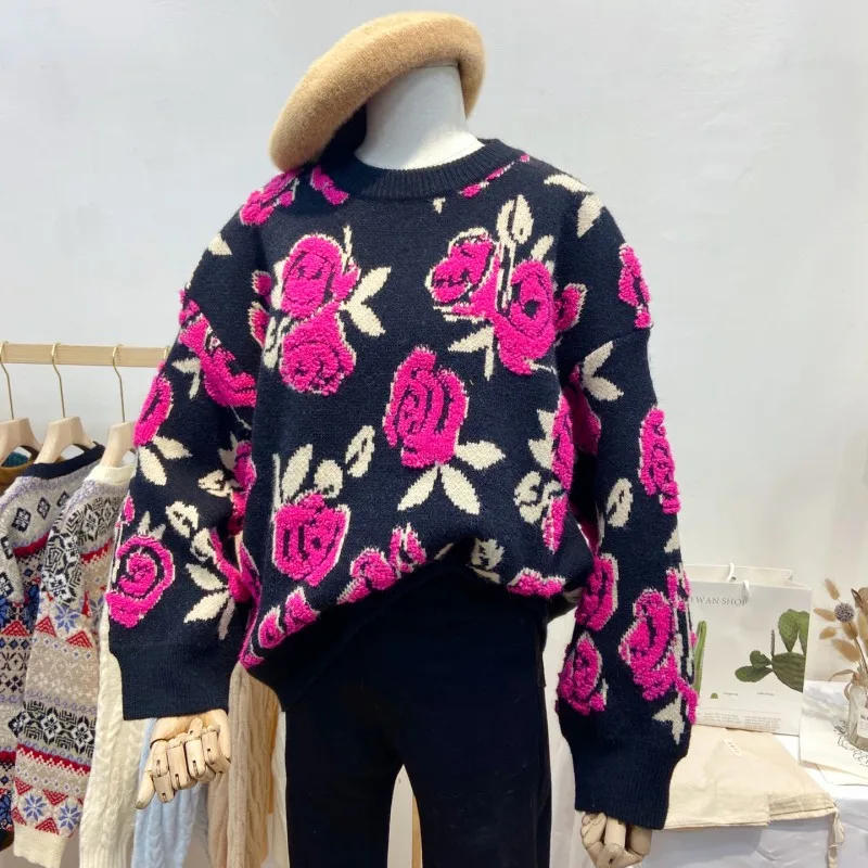 Vintage Floral Sweater Women Autumn Winter Long Sleeve O Neck Knitted Sweaters Streetwear Elegant Korean Pullover Pull Femme