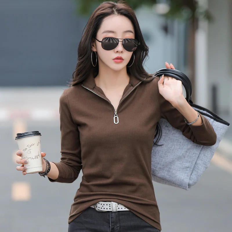 #0341 Elastic Cotton Turtleneck T Shirt Women With Zipper Korean Fashion Long Sleeve T-shirts Solid Color Women\'s Tee Shirt Sexy