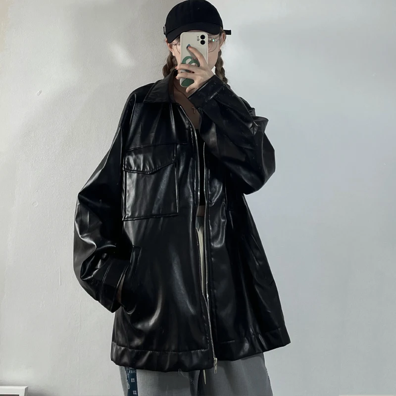 Giacca da donna con cerniera da motociclista Streetwear High Street giacca in pelle Harajuku Y2K giacca invernale da donna coreana allentata Casual