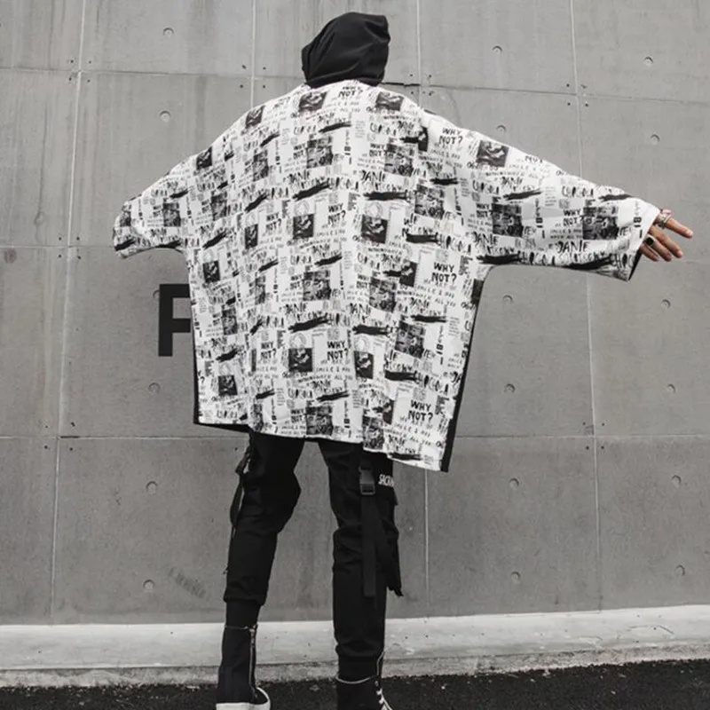 

Spring autumn men fashion printed patchwork hip hop punk hooded t shirt oversized long tee shirts men vintage streetwear cloak