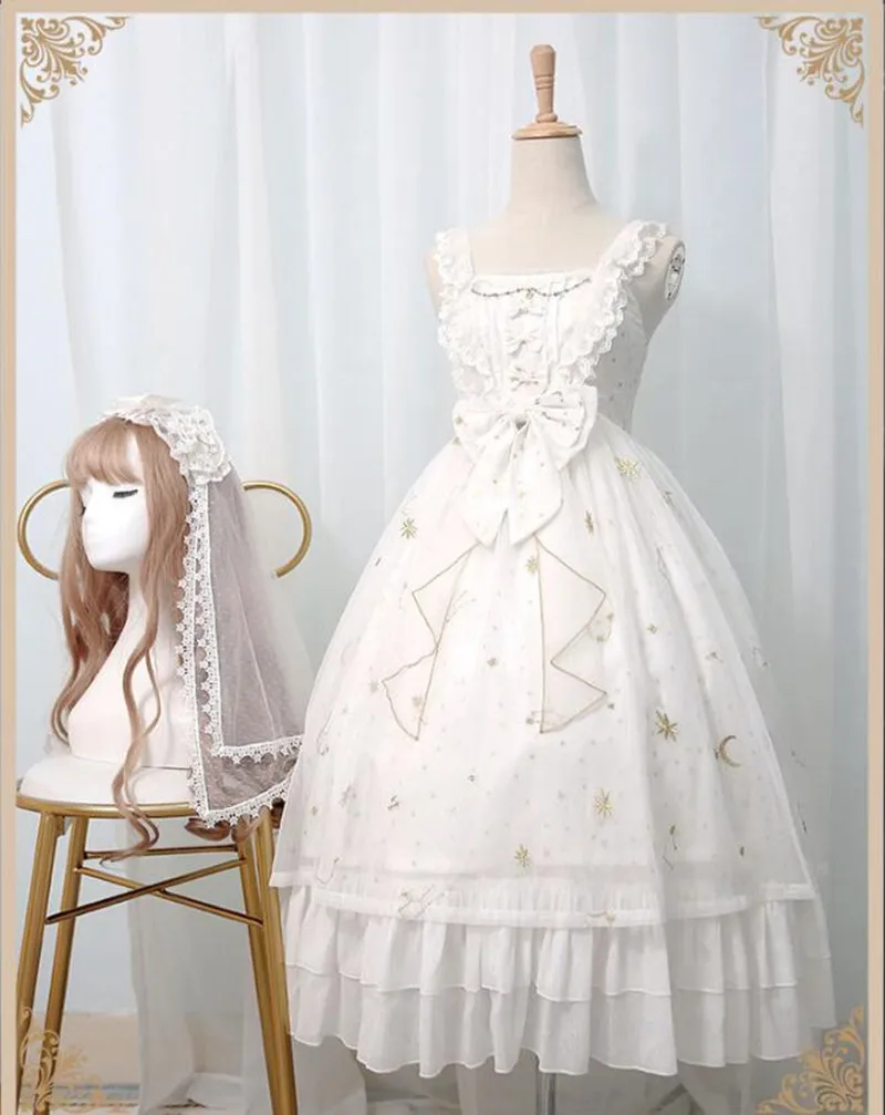 Japanische Süße Lolita Kleid Vintage Spitze Bowknot Stickerei Hohe Taille Viktorianischen Kleid Kawaii Mädchen Gothic Lolita JSK Loli Cos