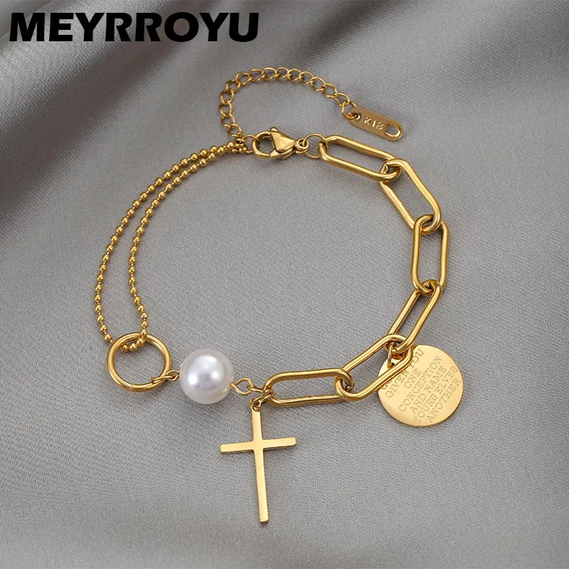 

MEYRROYU 316L Stainless Steel Cross Pendant Asymmetrical Chain Bracelet For Women And Men Retro Punk Gothic Pearl Bracelet Gifts