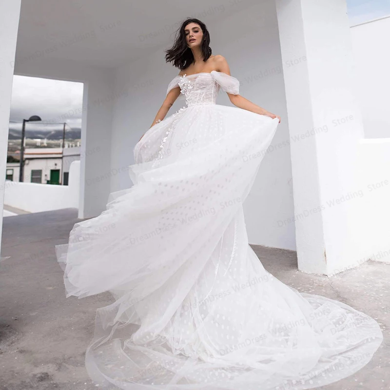 Abito da sposa principessa con spalle scoperte A-Line Sweep Train Point Net abito da sposa Robe De Mariage realizzato su misura