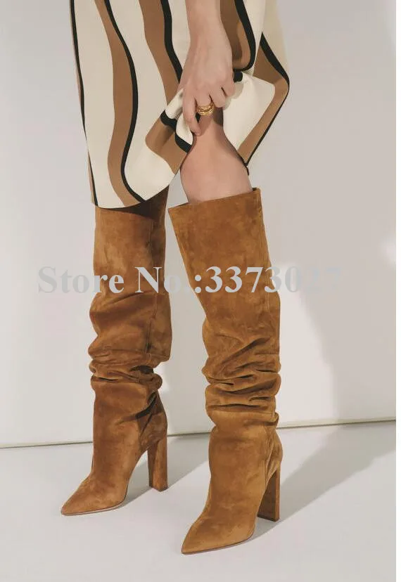 Lady Chunky Heel Pleated Long Boots Sexy Pointed Toe Over the Knee Boots Women Fashion Winter Boots Dropship Banquet Shoes