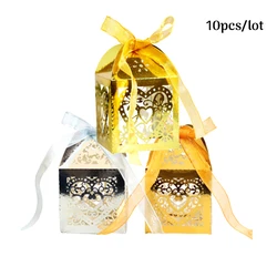 10Pcs Love Heart  Candy Boxes Laser Cut Hollow Carriage Wedding Favors Gifts Box With Ribbon Baby Shower Wedding Party Supplies