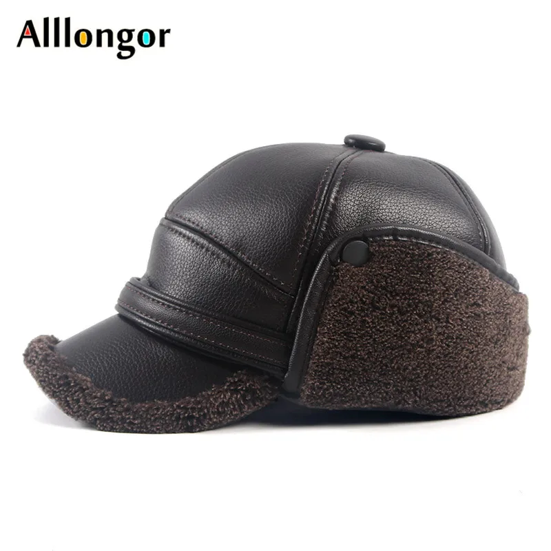 Leather Bomber Hats Men\'s Winter Earflap Hat Ushanka Head Hood 2024 Autumn Warm Faux Fur Wool Earflaps Baseball Cap Male Thicken