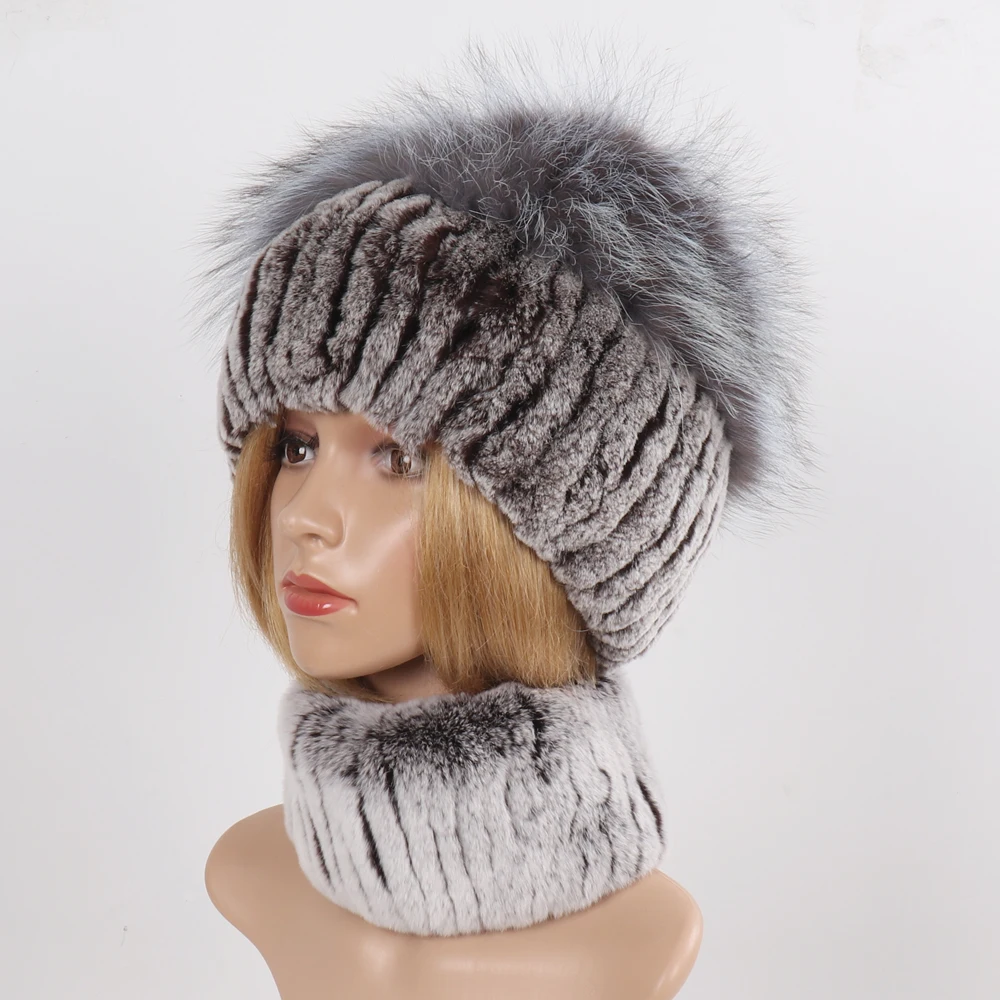 Women's Winter Warm Genuine Fur Hat Scarf Set Real Rex Rabbit Fur Cap with Silver Fox Scarves 2-Piece Natural Fashion Accessory