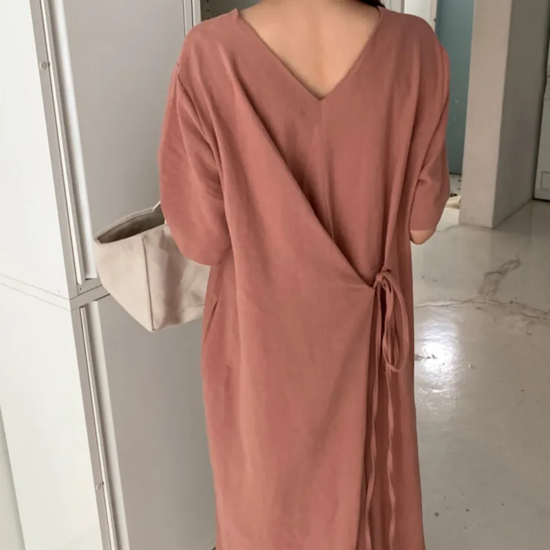 2020 Women Summer Beige Cotton and Linen V Neck Lacing Up Long Loose Dress Straight Cozy Casual Midi Sundress