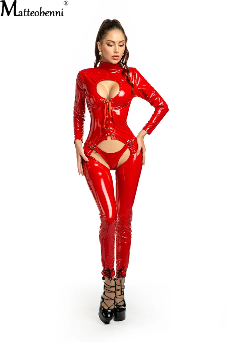 Women Sexy Hollow Out Latex Catsuit PVC Faux Leather Wetlook Jumpsuit Hot Exotic Costume Lingerie PU Bodysuit Clubwear Overalls