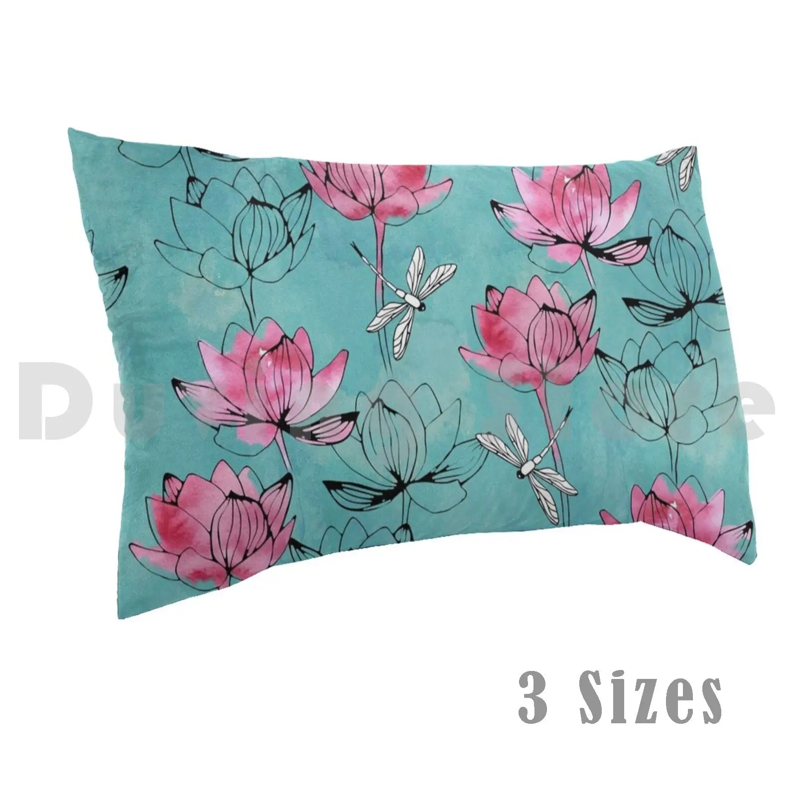 Waterlily Dragonfly Pillow Case Printed 35x50 Lotus Flower Waterlily Dragonfly Floral Nature Watercolor Turquoise