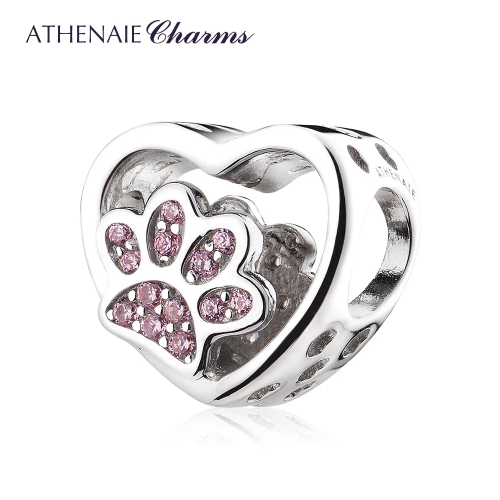 ATHENAIE 925 Sterling Silver Sparkling CZ Lovely Pet Paw Prints Heart Charms for European Bracelet Necklace Jewelry