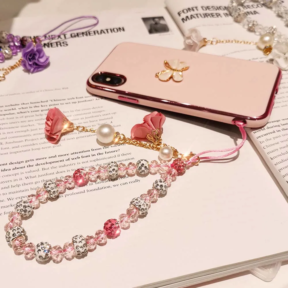 Trendy Beads Chain Mobile Phone Lanyard Short Cord for Key USB Crystal Bracelet Phone Case Flower Pendant Anti-lost Wrist Straps