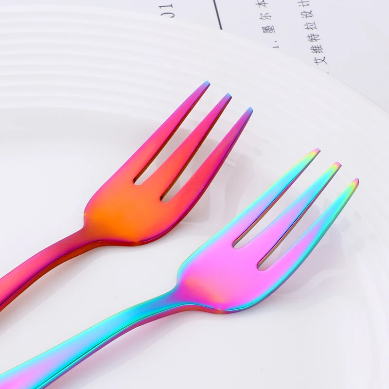 2Pcs/set Stainless Steel Rainbow Mini Cake Fruit Fork Dinner Salad Fork Tableware Black Gold Dessert Fork Server Dinnerware Set