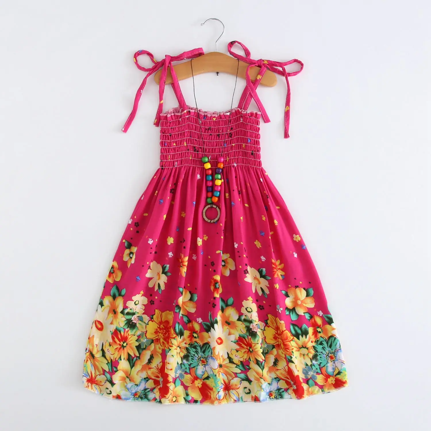 Summer Girls Floral Dress Sling Ruffles Bohemian Beach Princess Dresses for Girl Clothing  2 6 8 12 Years With Necklace Gift