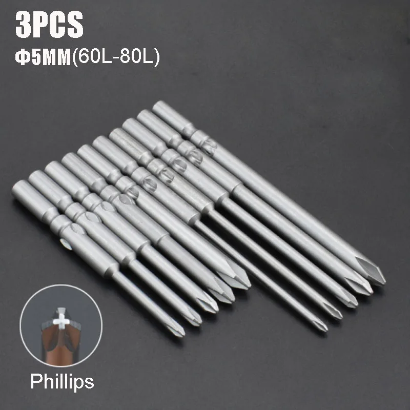 

3pcs Electric Screwdriver Bit 5mm Round Shank Head Phillips Driver Bit S2 Magnetic Cross Head PH00 PH0 PH1 PH2 60/80mm Length