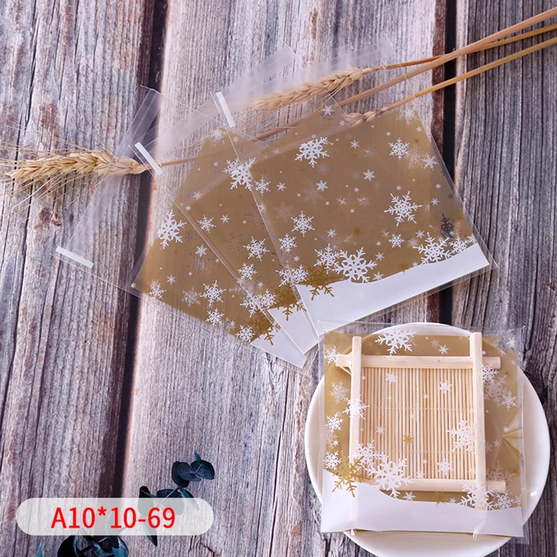 50pcs Falling Snow Gold Cellophane Self-adhesive Bag Winter Snow Scene Decor Bags Baby Shower Party Supplies Biscuit Packaging