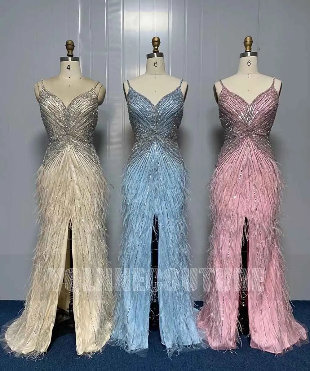 Luxury Ivory Feathers Evening Dresses For Pageant Straps Long Beige Tulle Diamonds Beaded Mermaid Party Gown Competition Women