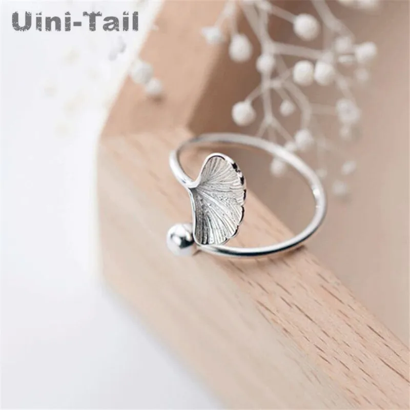 Uini-tail offre spéciale nouveau 925 argent tibétain Simple feuille de Ginkgo anneau frais mode feuille anneau ouvert bijoux de haute qualité ED650