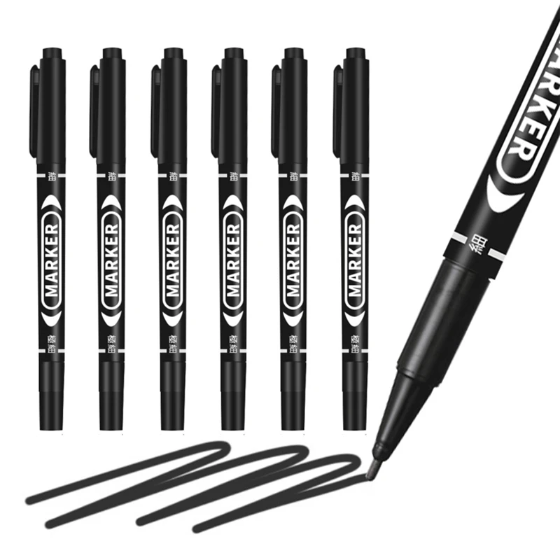 6 Pcs/Set Wholesale Twin Tip Permanent Marker Pen Fine Point Waterproof Ink Thin Nib Crude Nib Black Ink 0.5mm-1mm Fine Color