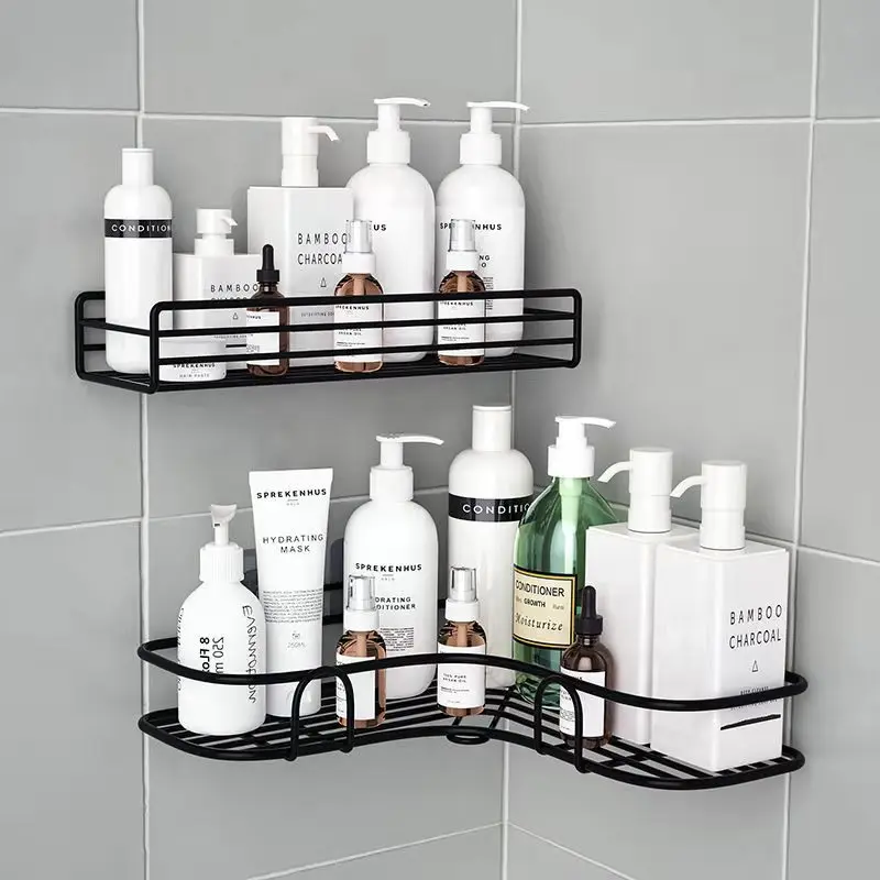 Punch-Free Bathroom Storage Rack Metal Shelf Shower Wall-mounted Suction Basket Organizer Kitchen Home Corner Hanging Racks