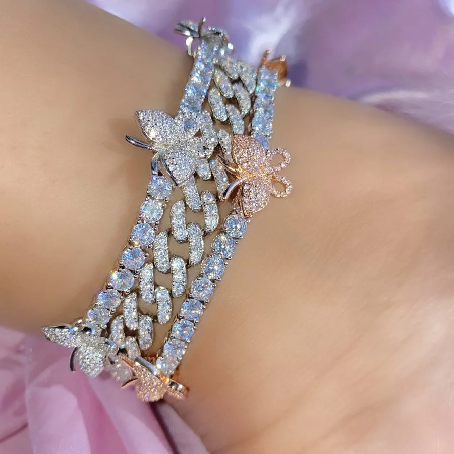 Summer Hot Selling Iced Out Bling 5A Cubic Zirconia CZ Tennis Chain Butterfly Charm Foot Chain Women Anklet