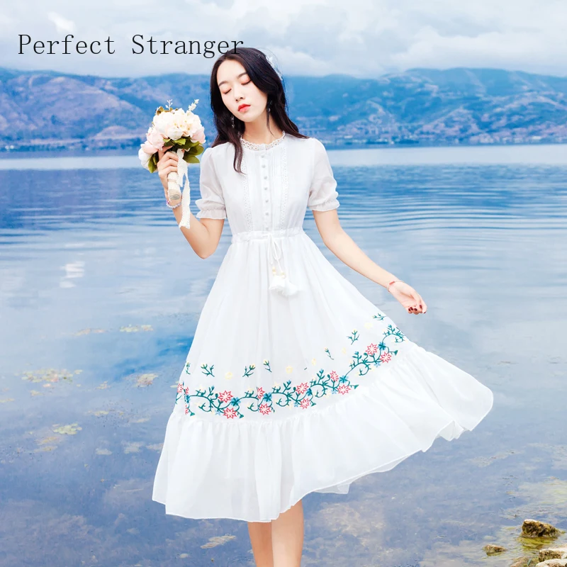 

Women Dresses Summer 2021 Summer Hot Sale Vintage Stand Collar Flower Embroideried Short Sleeve Women Chiffon Long Dress White