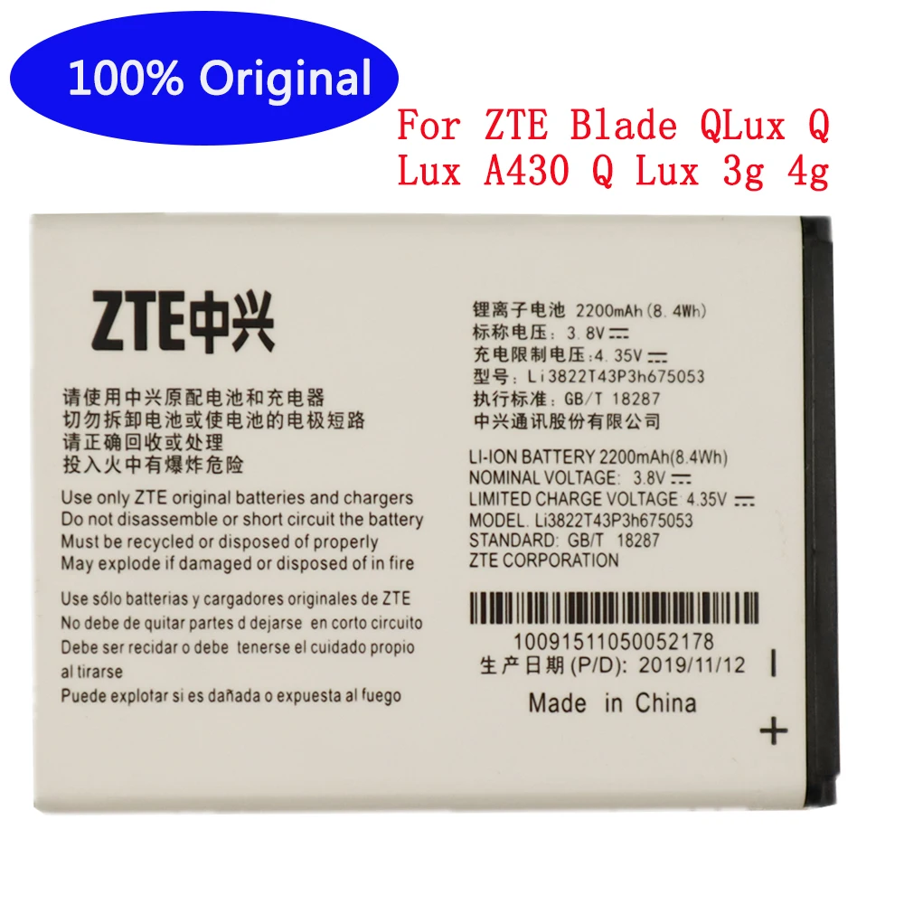 

100% Original Li3822T43P3h675053 battery fit for ZTE Blade QLux Q Lux A430 Q Lux 3g 4g 2200mah batteries