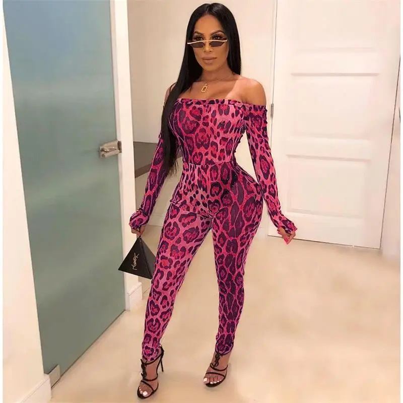 New leopard print flared sleeve autumn/winter jumpsuit women\'s Pants yellow red gray Fashion Slim Ladies Sexy Bodycon Jumpsuits