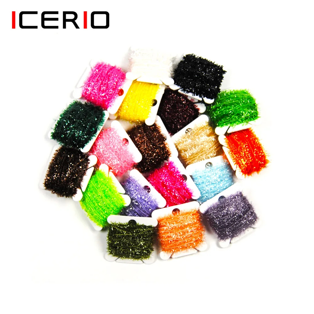 16Cards 10m/card Fly Fishing Tinsel Chenille Flies Material for Streamer Lures Crystal Flash Line Green Yellow Black Gold Pink