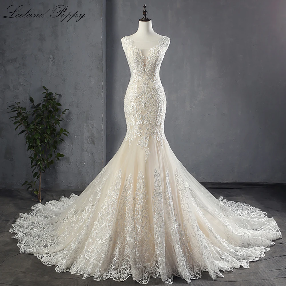 

Lceland Poppy Scoop Neck Mermaid Lace Appliques Wedding Dress Sleeveless Beaded Floor Length Bridal Gowns