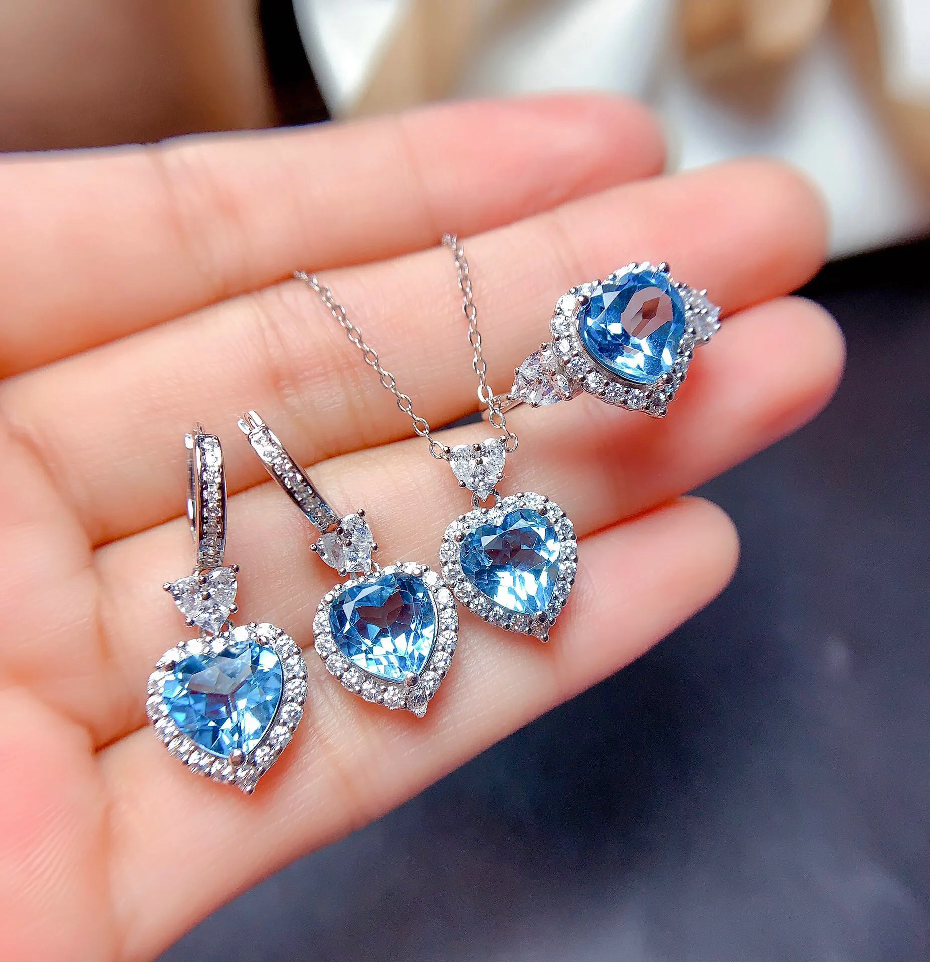 Luxury Female Love Heart Blue/Red Crystal Jewelry Sets Charm Silver Color Dangle Earring For Women Wedding Rings Necklaces