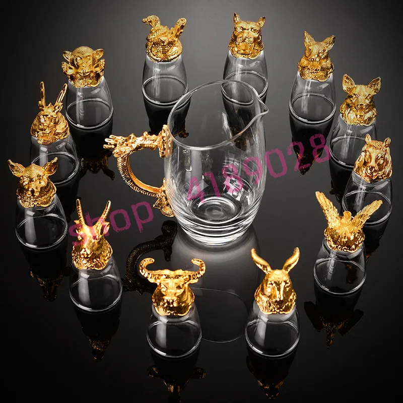 

Alloy, glass, twelve zodiac Chinese style wine set / tea set