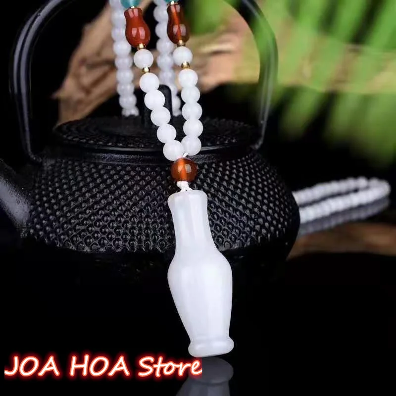 New Style Hetian Gebi Sheep Fat White-Jade Golden Silk Jade Vase Sweater Chain Men and Women Pendant Necklace Jewelry