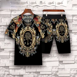 Impresso masculino curto define solto respirável duas peças conjunto de verão roupas masculinas vintage casual esportes plus size moda manga curta