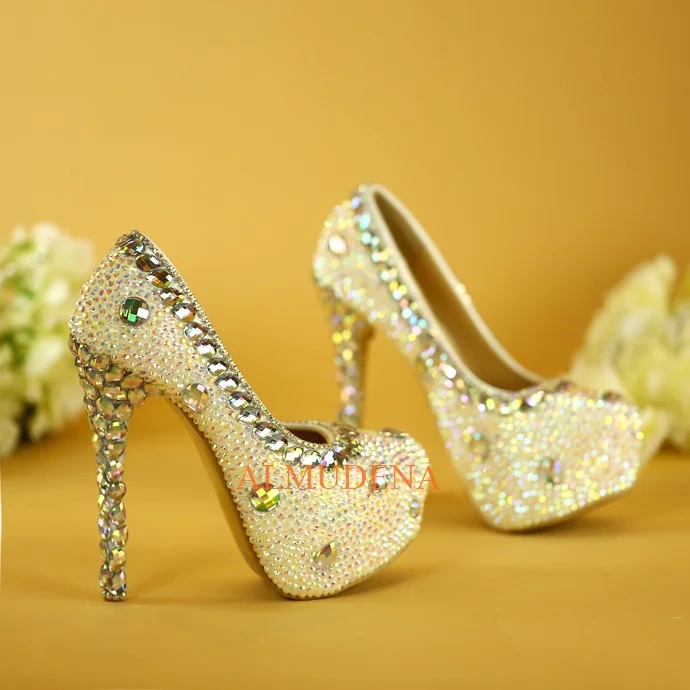 Round Toe Stiletto Platform Super High Heels Rhinestone Crystal Wedding Bridal Pumps Women's Spring Sexy New Stylish Shoes