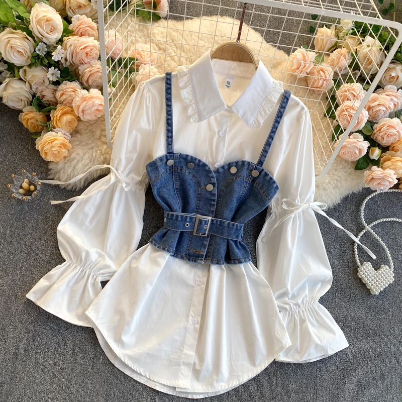 Retro Denim Vest and Shirt 2Pcs Women\'s Set 2021 Ruffle Lace Up Bubble Sleeve Loose Shirt Denim Suspender Vest Two-piece Set